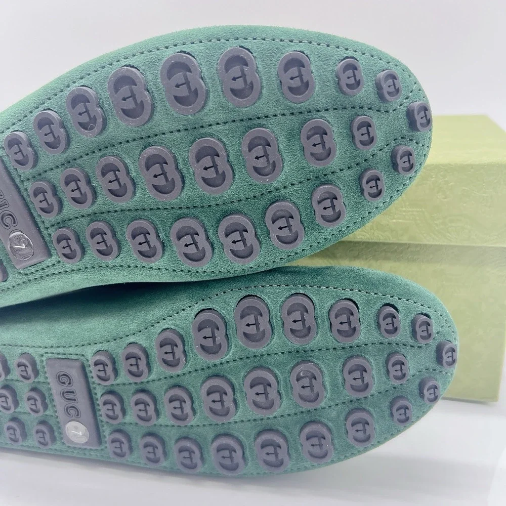 Gucci Driver Loafers Moccasin GG Horsebit Vintage Green Suede Womens UK 7 US 10